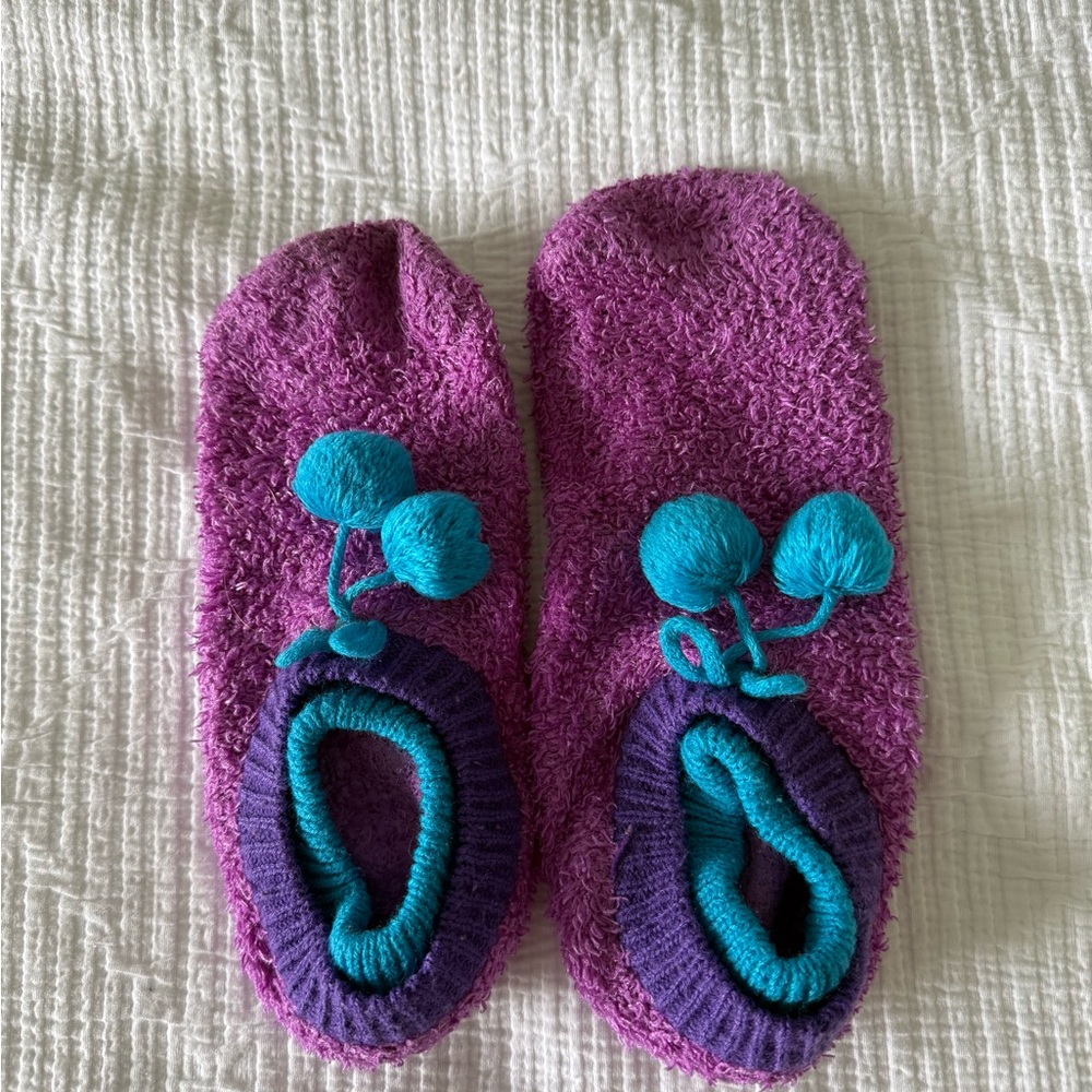 Cozy Fuzzy Slipper Socks in Magenta with Teal Pom Detail